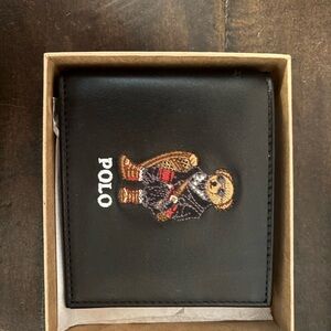 Ralph Lauren Black Leather Bifold Wallet with Polo Bear Embroidery